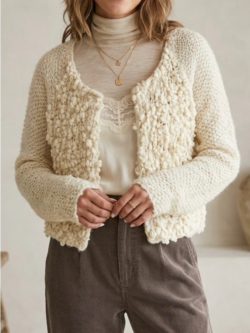 SLEEPING ON SNOW Anthropologie Cream Textured Wool Loop Knit Cropped Cardigan S